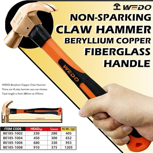 WEDO Non-Sparking Claw Hammer 8oz(1/2lb), Spark-free Safety Claw Hammer, Beryllium Copper, Non-Magnetic, Die-Forge, Corrosion Resistant, DIN Standard, 280mm Length