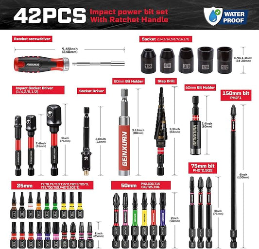 42Pcs Tools Set Packaged with Heavy-duty Tool Box, Include Screwdriver Bits, Bit Holder, Sockets, Socket Adapter, Step Drill, Socket Driver and Ratchets Screwdriver for Home Repairs