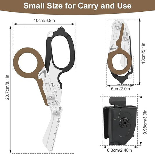 6-in-1 Heavy Duty Emergency/Trauma Shears, with Carbide Glass Breaker, Ring Cutter, Foldable, Stainless Steel Multi-Purpose Scissors for Hospital, Home, Camping, and Travel Rescue Tools (Black+Tan)
