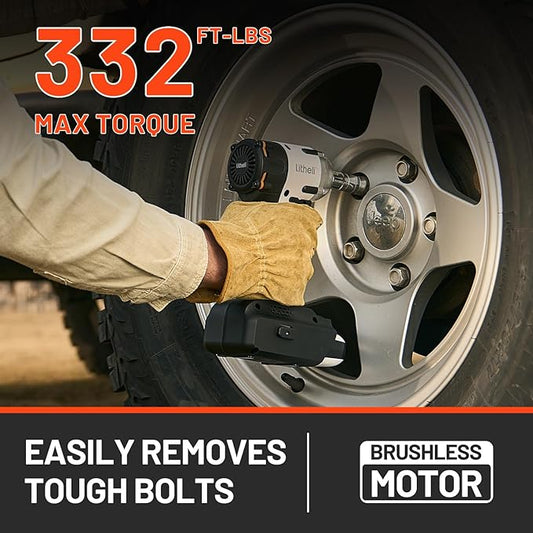 LiTHELi Cordless Impact Wrench 1/2 inch, 330 Ft-lbs(450N.m) Brushless Impact Gun 2500 RPM, 20V Power Impact Wrenches for Home & Truck Car, Tool Only