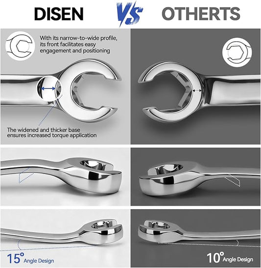 DISEN Flare Nut Wrench Set Metric and SAE 12-Piece Inch1/4 to 7/8" & 6-21mm, CR-V Steel Brake Line Wrench Set with Organizer Pouch,Father's Gift