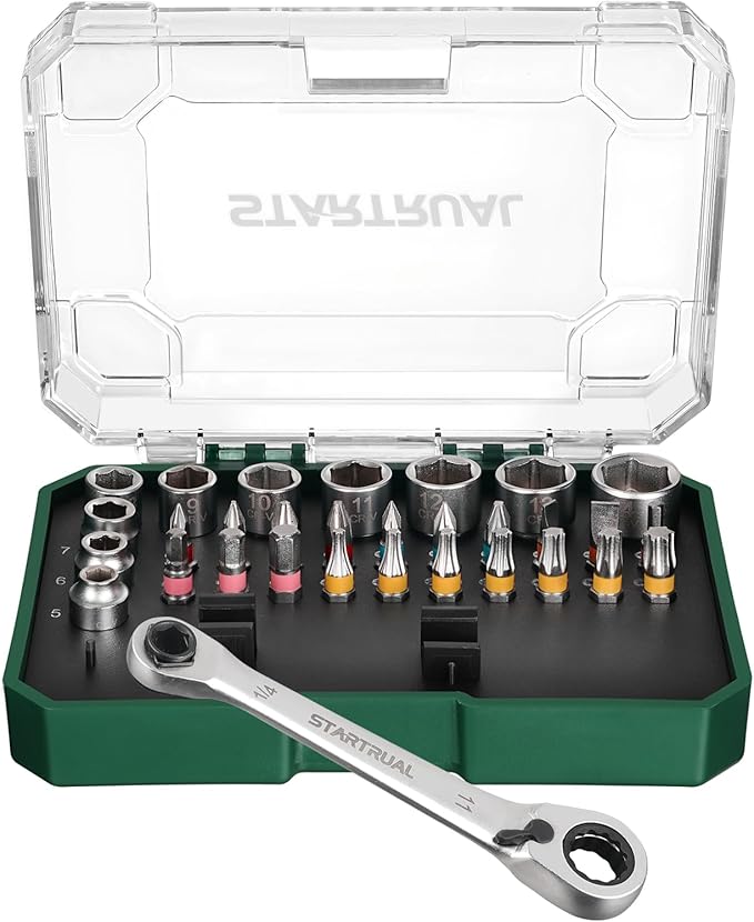 31-Piece 1/4" Mini Ratchet Screwdriver and Pass Through Socket Set, Right Angle Screwdriver, Low Profile Ratchet Set with Phillips, Pozidriv, Slotted, Hex, Torx and Socket, For Tight Spaces