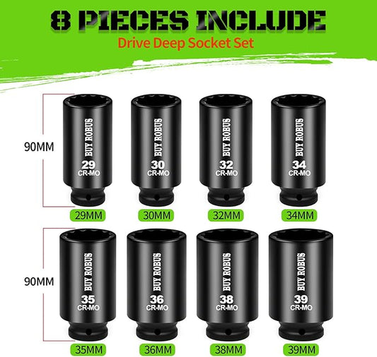Axle Nut Impact Socket Set, 1/2" Drive Deep 12 Point 8-Piece Metric 29mm, 30mm, 32mm, 34mm, 35mm, 36mm, 38mm, 39mm Socket, Large Socket Set with Storage Case for Auto Repair, Removing