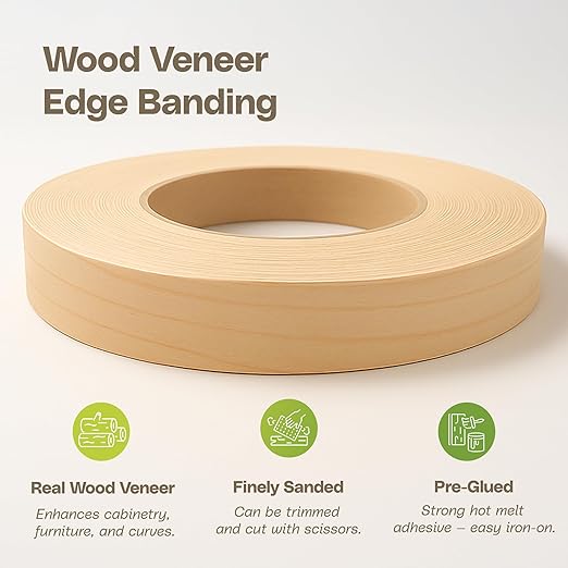 Edge Supply Maple Pre-Finished 3 in x 50 ft Roll with a Clear Lacquer UV Finish ??Pre-Glued Iron On Real Wood Veneer Edging ??Edge Banding Tape with Hot Melt Adhesive, Ideal for Furniture & DIY.