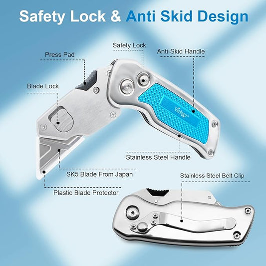 Vickay Box Cutter, Utility Knife with Clip, Stainless Steel Body Handle, Quick-change Blade and Safety Axis Lock, Razor Knife, Cardboard Cutter with Extra 5PC SK5 Blades (Blue)