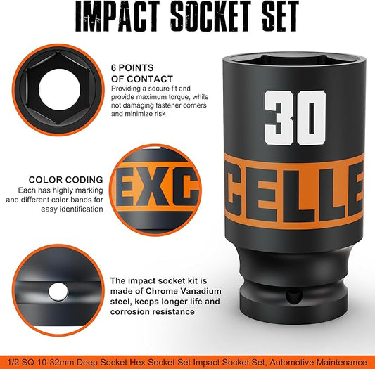 16 Piece 1/2-Inch Drive Impact Socket Set, 10-32mm Deep Sockets, 6 Point Metric Sockets for Automotive Repair, Equipment Maintenance