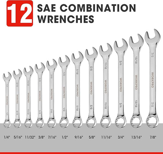 WORKPRO 12-Piece Combination Wrench Set, SAE 1/4"-7/8", Premium Cr-V Wrench Sets, 12PT, Mirror Polish Chrome Plating with Rolling Pouch