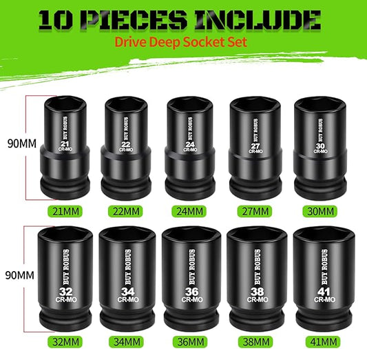 10PCS 1 In Drive Deep Impact Socket Set, Metric, CR-MO, 21,22,24,27,30,32,34,36,38,41mm, Deep Spindle Axle Nut Impact Socket Set