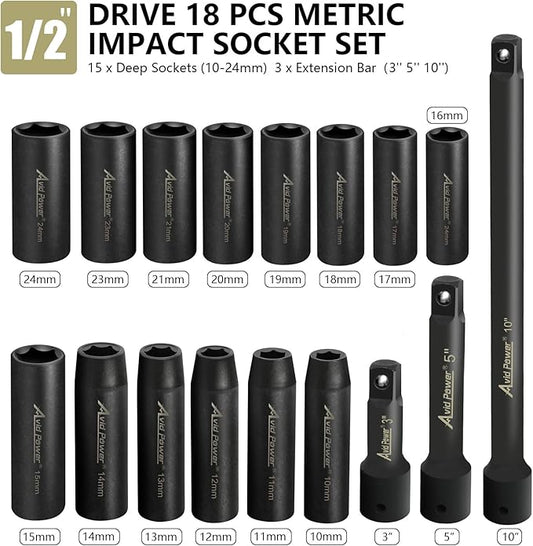 AVID POWER 18pcs 1/2-inch Drive Impact Socket Set, 10-24mm Metric Sizes Sockets and 3'' 5'' 10'' Extension Bar, 6 Point, Cr-V Steel Socket Set
