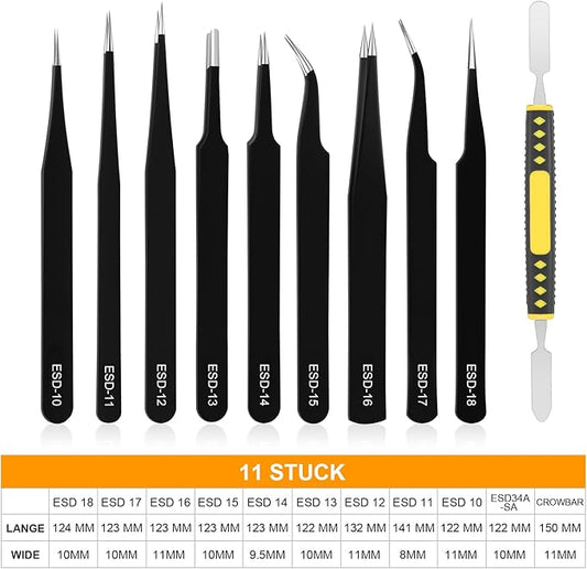 Ainiv Precision Tweezers Set, 11PCS Anti-Static ESD Tweezers Set, Non-Magnetic Stainless Steel Curved Tweezers Set for Modeling, Electronic, Handicraft, Laboratory, Jewelry, Beauty Eyebrow Eyelash etc