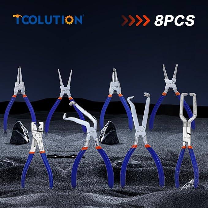 8-Piece Hose Clamp, Fuel Line, Electrical Disconnect Snap Ring Pliers Kit with Internal External Circlip Pliers, C Clip, Lock Ring Tools, Heavy Duty 45Steel, Ergonomic Non-Slip Handles