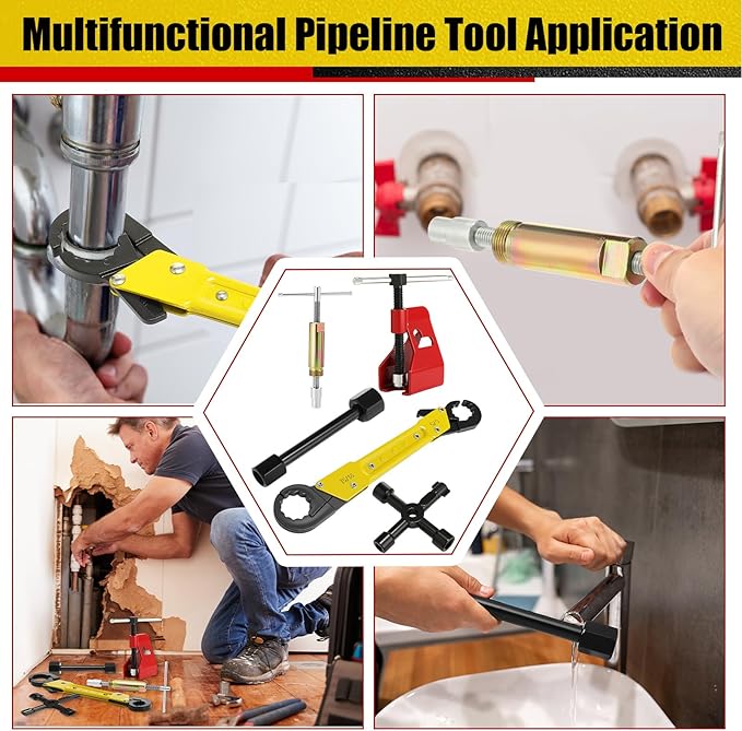 Lanties 5 Pcs Angle Stop Wrench Kit Plumbing Tool, Compression Sleeve Puller for 1/2" Compression Fitting Ferrule Puller Removal Tool for 1/2" Copper Tubing 4-way Multi-functional Utility Key(Yellow)