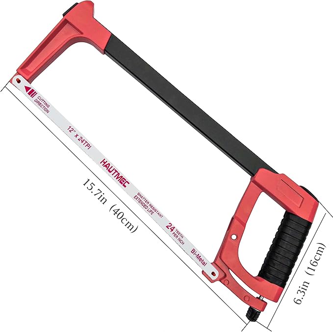 HAUTMEC 12-Inch Adjustable Tension Hacksaw with Blade Storage, 45°/90° Cutting Angles, High Tension Steel Frame & 24 TPI Bi-Metal Blade for Metal, PVC, Wood – HT0015