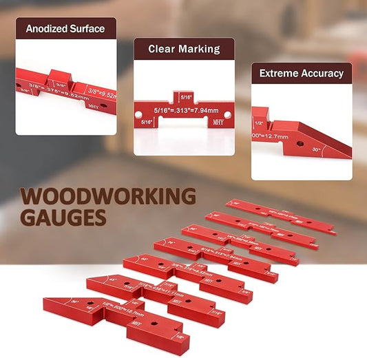 MHY Precision Router Table Setup Blocks - 8PCs Aircraft Aluminum Height/Depth/Angle Gauge Set for Woodworking & Table Saw Accessories with Laser-Marked and Durable Storage Case