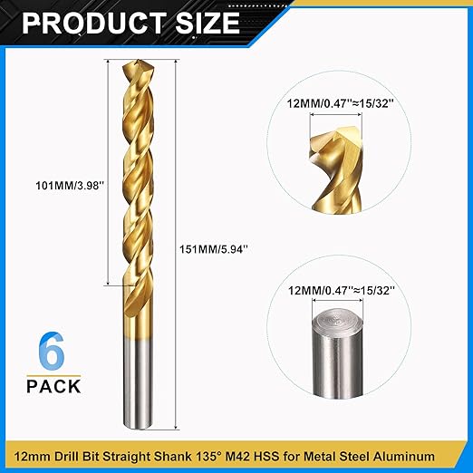 PATIKIL 12mm Drill Bit, M42 8% Cobalt High-Speed Steel Jobber Straight Shank 135° Titanium Nitride (TiN) Coated for Hard Metal Stainless Steel - 6 Pack