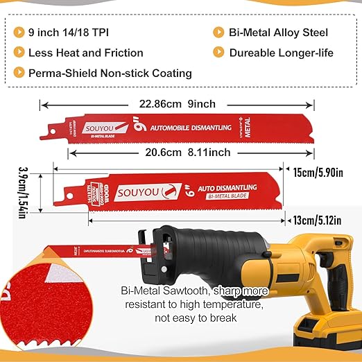 13 Pack 9 in 14/18 TPI and 13 Pack 6 in 14/18 TPI Bi-Metal Reciprocating Saw Blades for Automobile Dismantling Metal Steel Cutting Non-Stick Coated for Less Heat for 1/16-5/16 Medium Metals