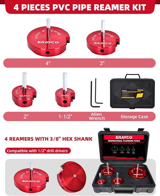 ERAYCO 4-Piece PVC Pipe Reamer Kit, Plastic Pipe Fitting Reamer Tool, Fit into Standard 1/2" Drills, PVC Fitting Saver for SCH40 PVC CPVC ABS Pipe (1-1/2'', 2'', 3'', 4'')