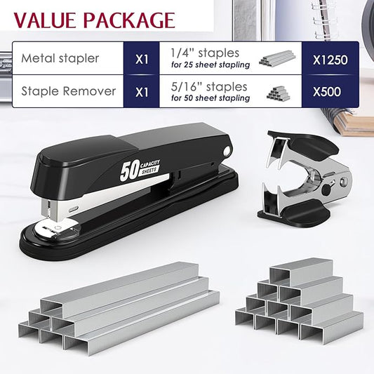 Metal Stapler Heavy Duty 50 Sheet Capacity with 1750 Staples and Staple Remover, Full Strip Staplers for Desk, No Jam, Non-Slip for Office & Classroom, Black