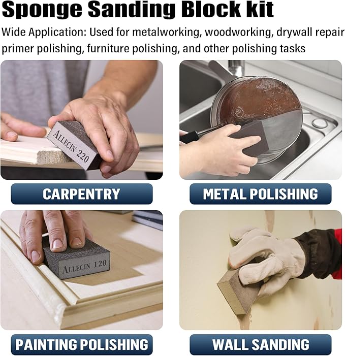 Sanding Sponge 60 80 100 120 150 180 220 Grit Reusable and Washable Wet Dry Sand Block Coarse Medium Fine Sandpaper Blocks for Wood Drywall Metal Crafts (Pack of 7 Pcs)