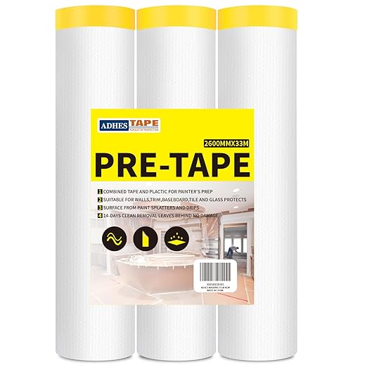 ADHES Pre Taped Masking Film with Adhesive Edge, 103 inch x 36 Yards x 3 Rolls No Residue Masking Tape for Painting, Automotive, and DIY Projects Tape and Drape for Floor Furniture Protection