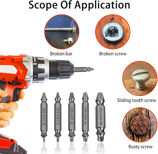 HSS 4341 Damaged Screw Extractor Set, 5-Piece Drill Bit Kit for Stripped Screws and Bolts, Grey, 2-14mm Range, High-Speed Steel with Storage Case