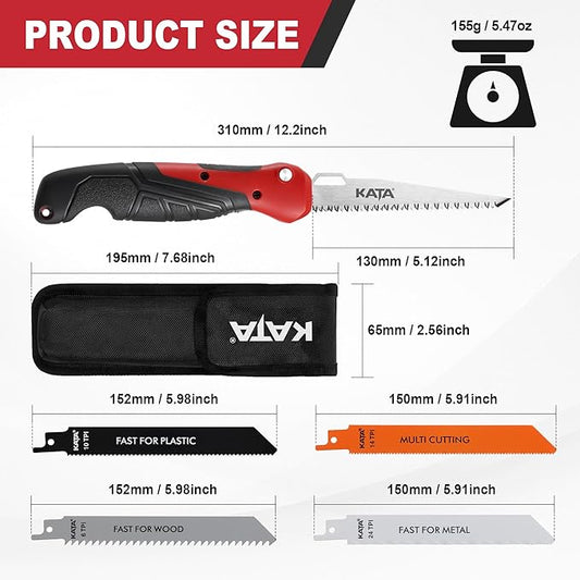KATA Multi Blade Folding HandSaw - 5-In-1 Drywall Cutter Saw Quick Change Design in Canvas Bag - Multi Blades Small Hacksaw Tool, Craft Hand Job Saw for DIY, Metel, PVC, Sheetrock, Plywood Cutting