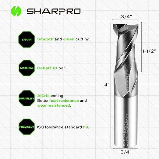 3/4 End Mills 3/4 Inch Shank, 2 Flute Carbide Square Endmill with AlCrN Coated, Upcut Spiral CNC Router Bits for Alloy Steel, Metal and Stainless Steel