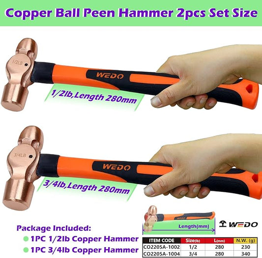 WEDO 2PCS Copper Ball Peen Hammer Set, 8 oz + 12 oz(1/2lb+3/4lb), Ball Pein Hammer with Fiberglass Handle, Die-Forged, Corrosion Resistant, DIN Standard