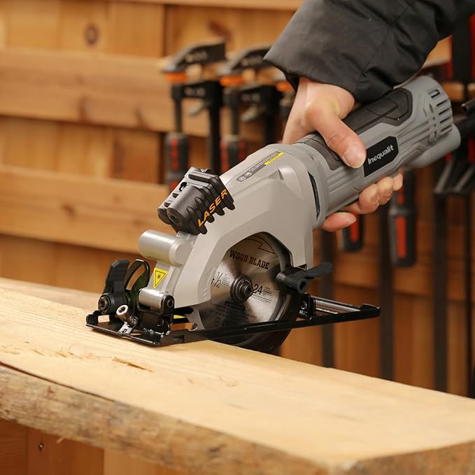 Mini Circular Saw, 4Amp 3500RPM Corded Compact Saw with 4-1/2" 24T TCT Blades, Laser Guide, Rip Guide, Vacuum Adapter and Blade Wrench, Max Cutting Depth 1-11/16"(90°), 1-1/8"(45°)