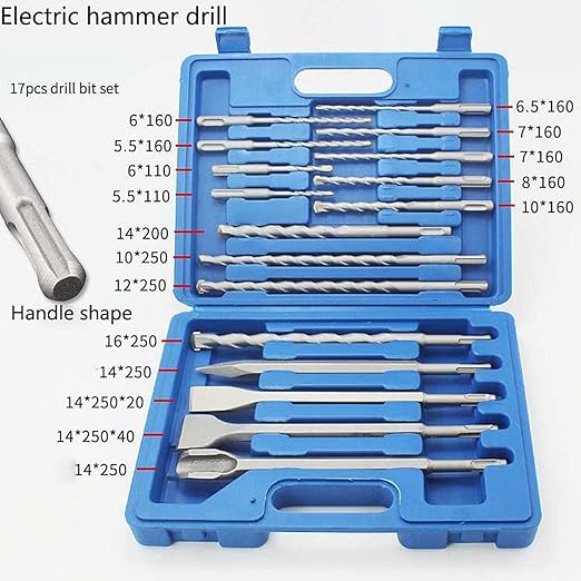 SagaSave 17 PCS Rotary Hammer SDS Plus Drill Bits & Chisel Set, Carbide Tipped Concrete Masonry Hole Tool with Storage Case for Drilling Concrete, Masonry, Bricks and Stone Blue