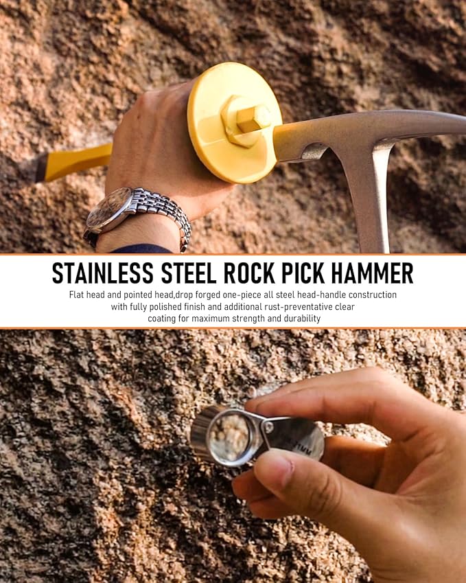 INCLY 7 Pcs Geology Rock Pick Equipment Kit, 3lb Sledge &32 oz Rock Hammer with 2PCS 12" Mason Concrete Chisel.Safety Glasses, Jewelers loupe, Tool Set for Hounding, GoldMining, Stone Breaking