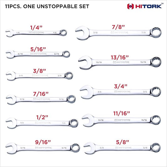 Hitork 11 Piece Combination Wrench Set with Roll Pouch, SAE Sizes (1/4" - 7/8"), Drop Forged Cr-V Steel, Chrome Plated Mirror Finish, 12 Point Box End, 15째 Offset, Exceeds ANSI Standards