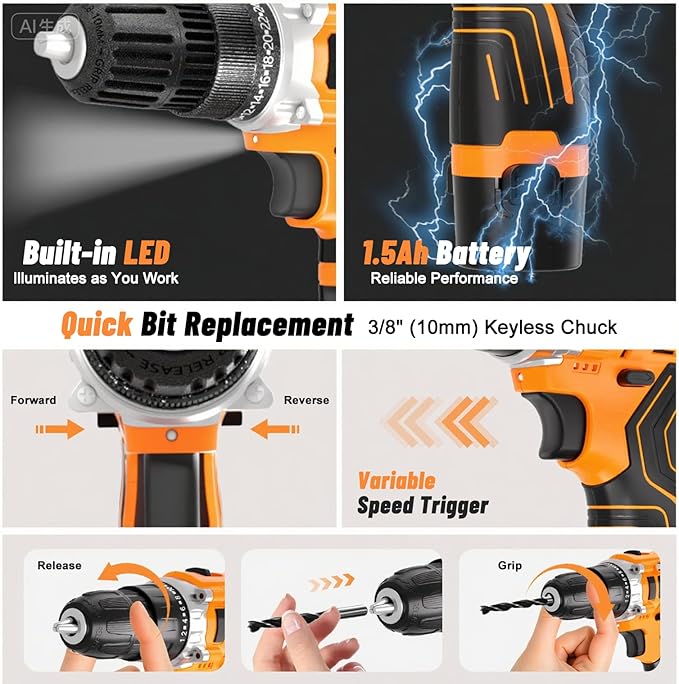 12V Cordless Electric Drill Driver Set, Powerful Lightweight Portable Rechargeable Screwdriver 42pcs Accessories,2-Speed, 24+1 Position for Wood/Wall Drilling & Screw Driving, Home DIY Tool woman man