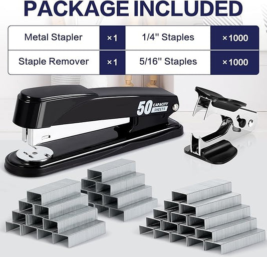Deli Stapler Heavy Duty, Full Strip Staplers for Desk with 2000 Staples and Staple Remover, 50 Sheet Capacity, No Jam, Non-Slip Office Stapler with Staples for Office, Classroom, Black