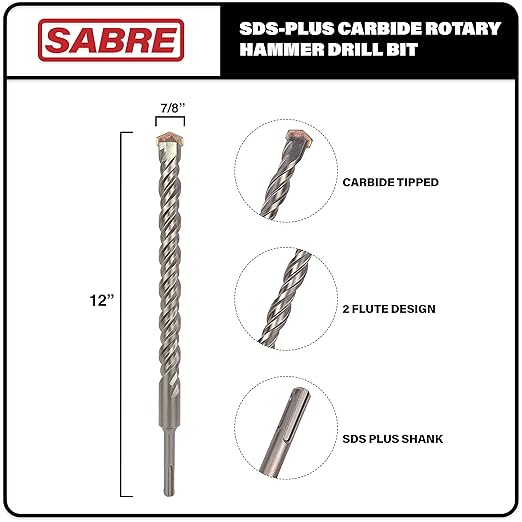 7/8 Inch x 12 Inch SDS Plus Rotary Hammer Drill Bit, Carbide Tipped for Brick, Stone, and Concrete Version 2 (7/8" x 10" x 12")