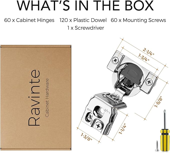Ravinte 60 Pack 30 Pair 1-1/2 inch Overlay Cabinet Hinges Kitchen Soft Close Hidden Door Hinges for Kitchen Cabinet Stainless Steel Adjustable Satin Nickel Cupboard Hardware