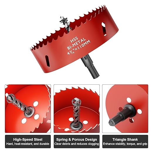 4-5/16" (110mm) Bi-Metal M42 High Speed Steel Hole Saw with Pilot Drill Bit, Smooth Cutting Edge for PVC, Drywall, Wood, Plastic, Gypsum Board, Rubber, Thin Metal