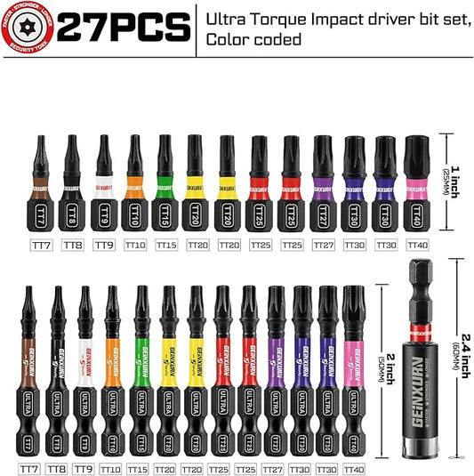 Impact Security Torx Screwdriver Bits Set,26Pcs 1??2?쒶agnetic竊늇T7-TT40竊뎂2 Steel Multi Star Driver Bits and 1Pc Bit Holder with Color Coded Base