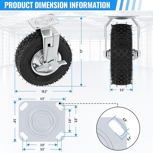 10 inch Casters Wheels, Heavy Duty Casters Set of 4 Load 1300lbs with Brake, Locking Swivel Plate Caster, Industrial Castor Wheels for Workbench, Cart, Trolley, Wagon and Shelves