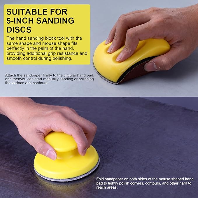 5 Inch Hand Sanding Block Hook and Loop Sanding Block 2 PCS Round and Mouse Hand Sanding Blocks Foam Sanding Blocks Auto Body Hand Sanders for Wood Mouse Sanding Pad Sandpaper Holder