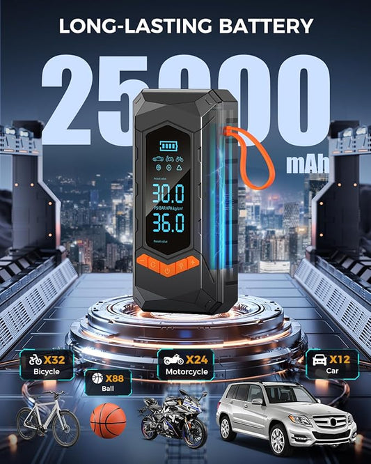 Tire Inflator Portable Air Compressor,160 PSI & 25000mAh Cordless Air Pump for Car Tires with Digital Pressure Gauge&Auto Shut-Off, Tire Pump Portable Tire Inflator for Car, Motorcycle, Bicycle, Ball