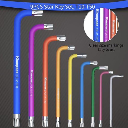 9 PCS Torx Allen Wrench Set Star Allen Key Tools Colored Star Key Set Precision Size Markings T10, T15, T20, T25, T27, T30, T40, T45, T50 for Bike and Household DIY Projects