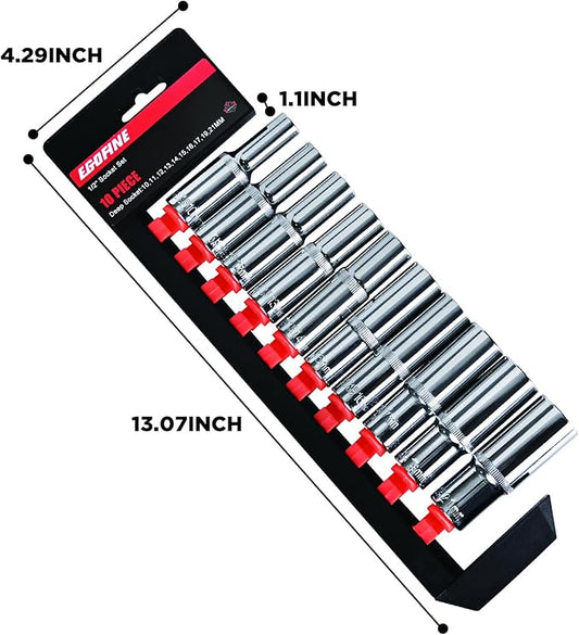 Egofine 10PCS 1/2??Drive Deep Socket Set,Metric Socket Set竊?0mm-21mm,6 Point Socket Set With Hanging Bracket,Cr-V Steel