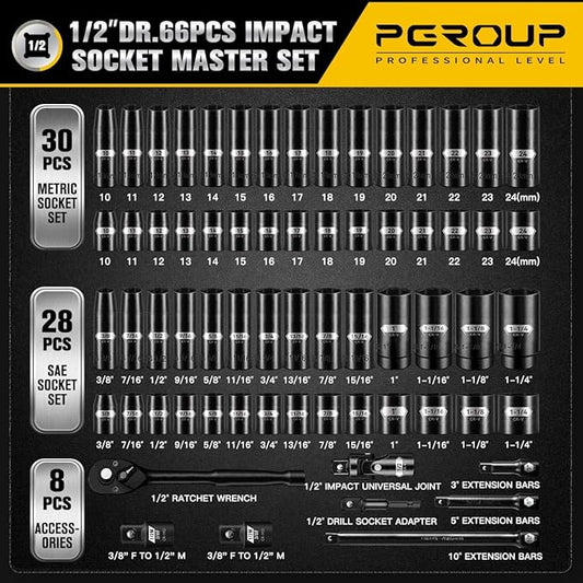 66 PCS 1/2 Inch Drive Impact Socket Set, Standard SAE (3/8"-1-1/4") And Metric (10-24mm) Size, 6 Point Deep & Shallow Sockets竊똌aster Grade Cr-V Steel With Heavy Duty Storage Case