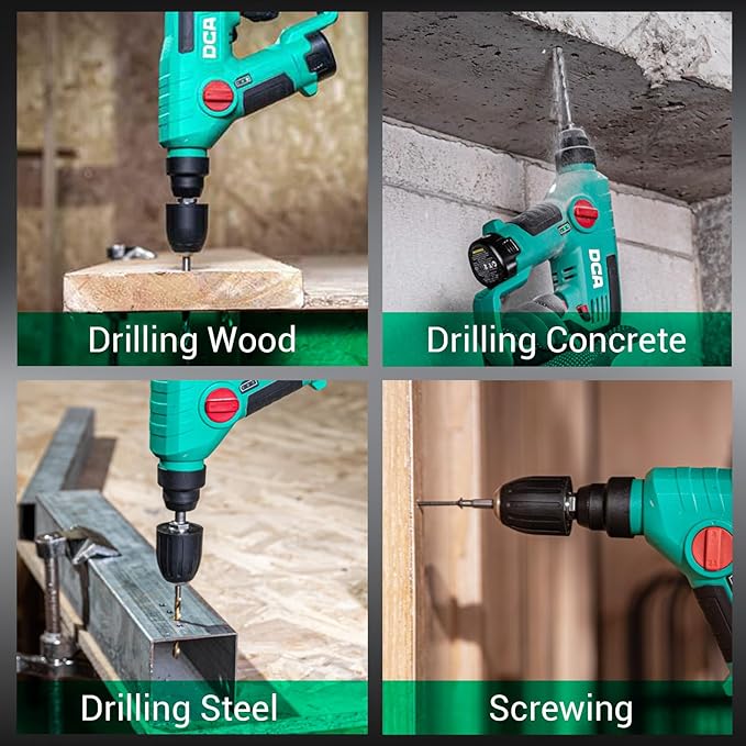 DCA 12V Cordless Drill Set SDS-Plus Hammer Drill, 1J 3-IN-1 Power Drill with Variable Speed, 2*2.0Ah Battery, 0-900 RPM/5600 BPM, with 3/8" Drill Chuck, 4 Drill Bits for Concrete, Brick, Metal, Wood