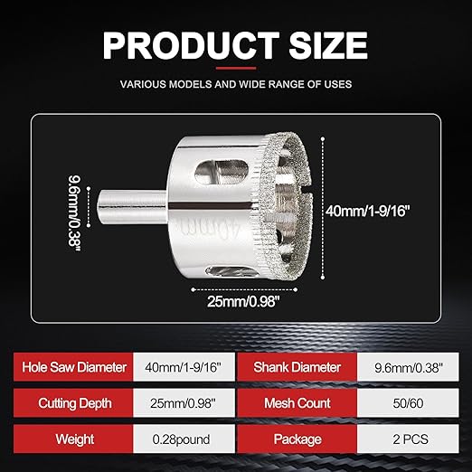 PATIKIL 2pcs 1-9/16" (40mm) Diamond Hole Saw, Glass Diamond Hole Cutters Hollow Core Drill Bits for Fiberglass, Tile, Porcelain, Ceramic