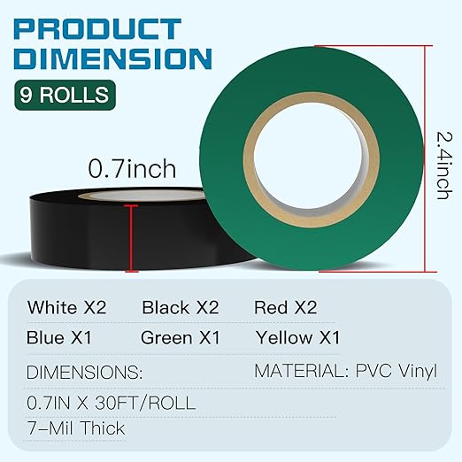 9 Rolls Coloured Electrical Tape - Professional White Black Red Green Blue Yellow Electrical Tape (0.7 Inch by 30 Feet), Electric Tape is Suitable for Domestic, Commercial, and Industrial Use