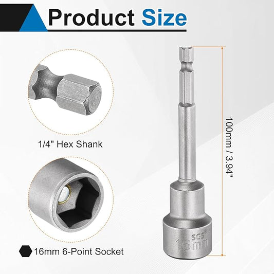 HARFINGTON 5pcs Nut Driver Drill Bit 16mm Metric Socket 1/4" Hex Shank 3.94" (100mm) Long Magnetic 6-Point Sockets Quick Change CR-V Steel Bolt Setters for Power Drill Drivers