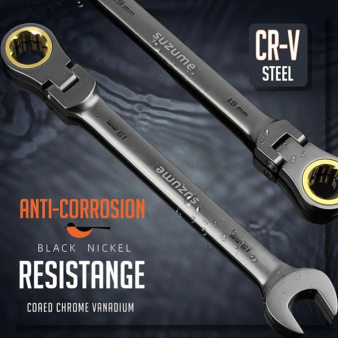 SUZUME 19mm Flex Head Ratcheting Wrench Metric 72 Teeth Cr-V Steel 15K+ Cycle Locked Gears with 180째 Flexible Head Black Nickel Coating