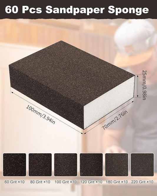 Rocaris 60 Pack Sanding Blocks, Washable and Reusable Sanding Sponge Fine Coarse for Wood and Drywall 60, 80, 100, 120, 180, 220 Grit